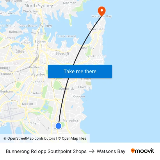 Bunnerong Rd opp Southpoint Shops to Watsons Bay map