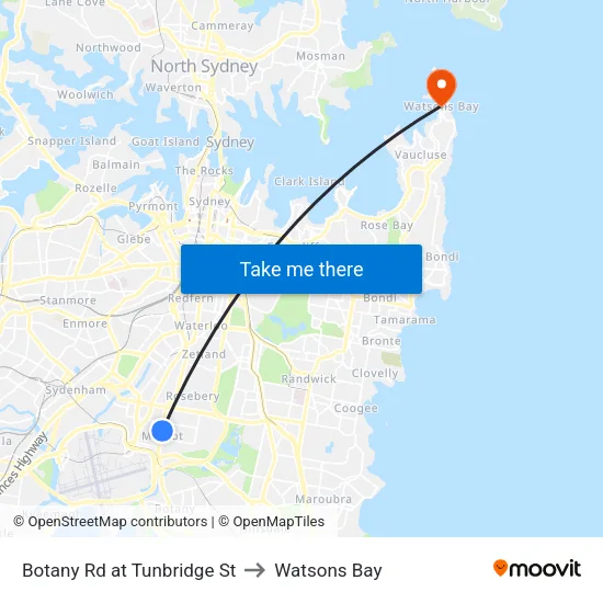 Botany Rd at Tunbridge St to Watsons Bay map