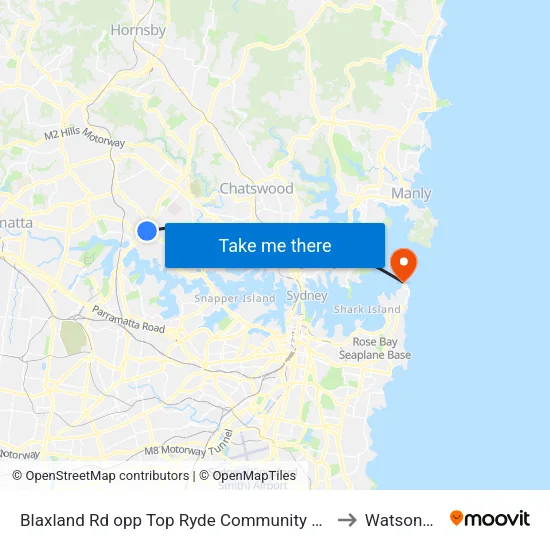 Blaxland Rd opp Top Ryde Community Health Centre to Watsons Bay map