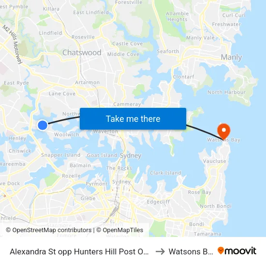 Alexandra St opp Hunters Hill Post Office to Watsons Bay map