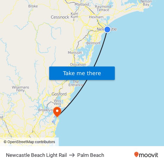 Newcastle Beach Light Rail to Palm Beach map