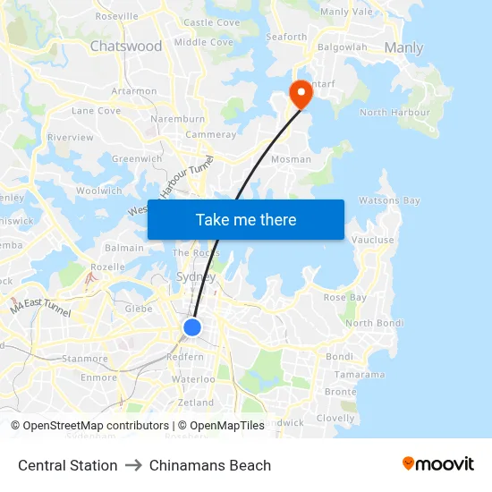 Central Station to Chinamans Beach map