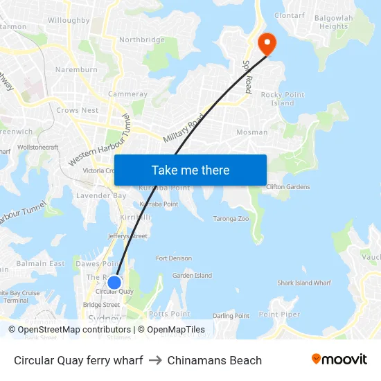 Circular Quay ferry wharf to Chinamans Beach map