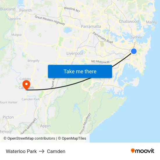 Waterloo Oval to Camden map