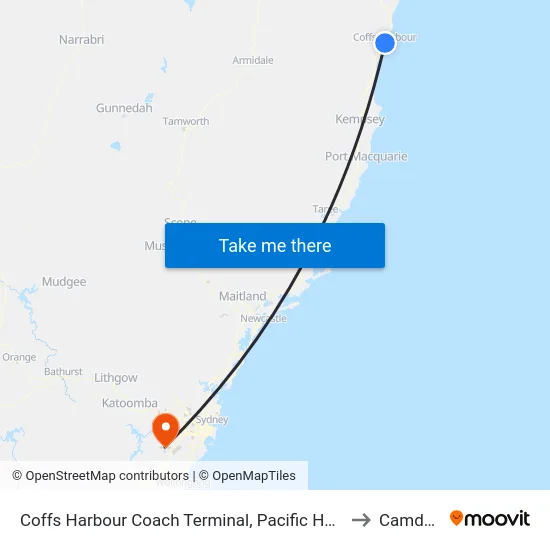 Coffs Harbour Coach Terminal, Pacific Hwy to Camden map