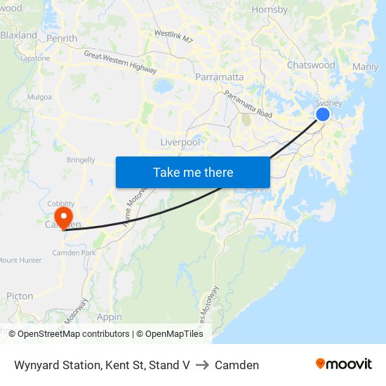 Wynyard Station, Kent St, Stand V to Camden map