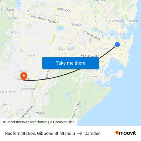 Redfern Station, Gibbons St, Stand B to Camden map