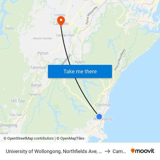 University of Wollongong, Northfields Ave, Stand A to Camden map