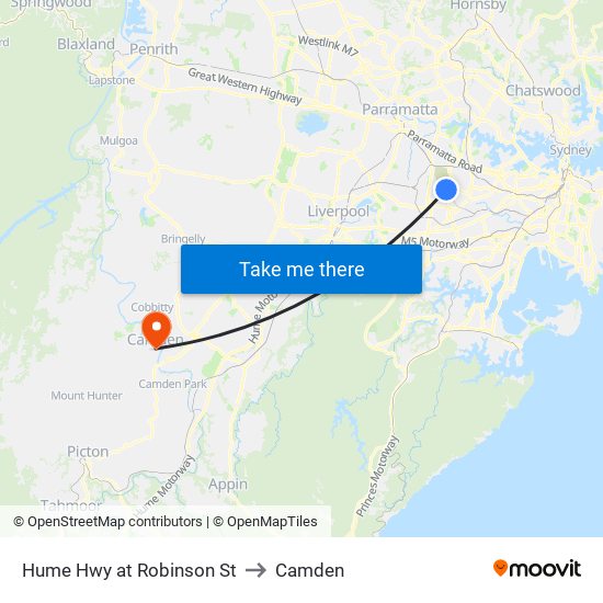 Hume Hwy at Robinson St to Camden map
