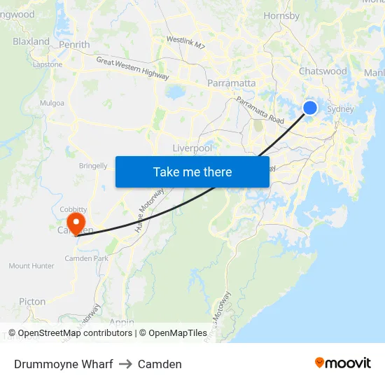 Drummoyne Wharf to Camden map