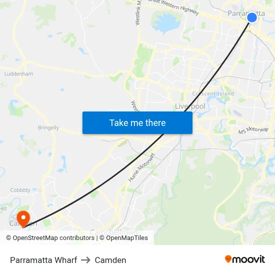 Parramatta Wharf to Camden map