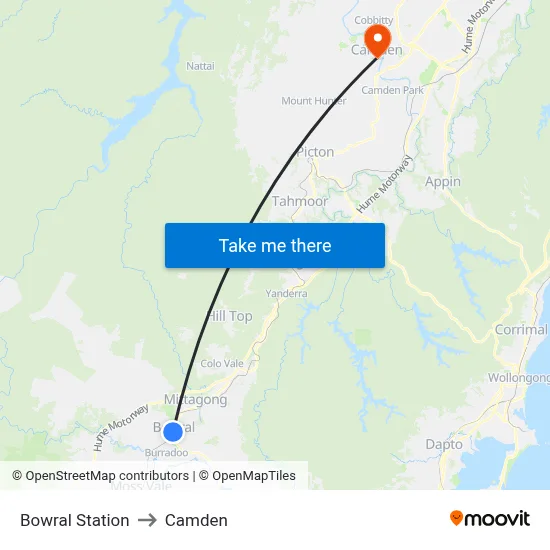 Bowral Station to Camden map
