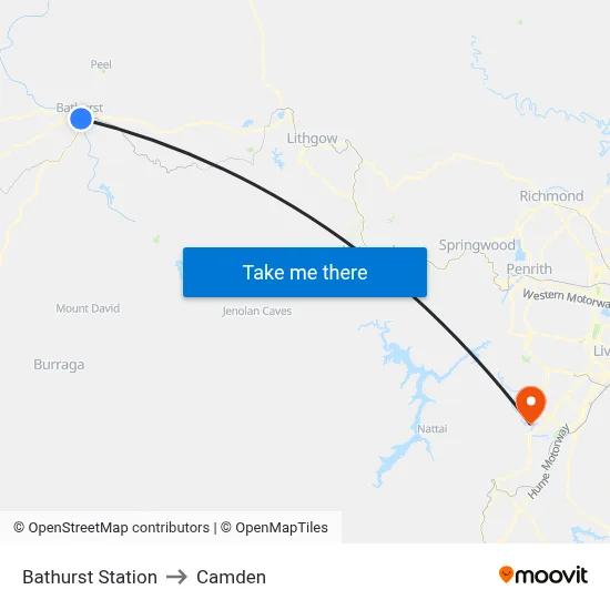 Bathurst Station to Camden map