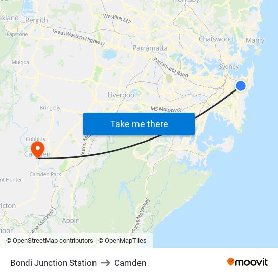 Bondi Junction Station to Camden map