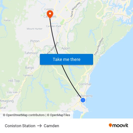 Coniston Station to Camden map