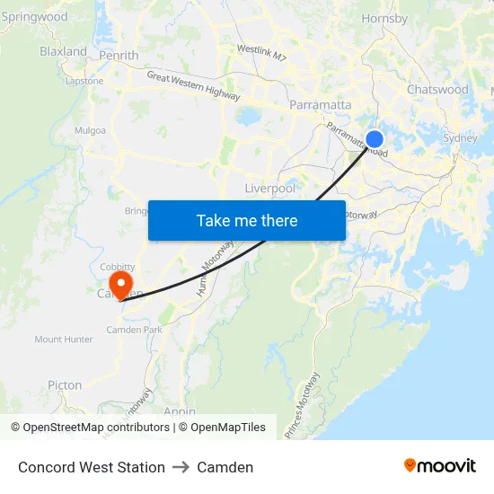 Concord West Station to Camden map