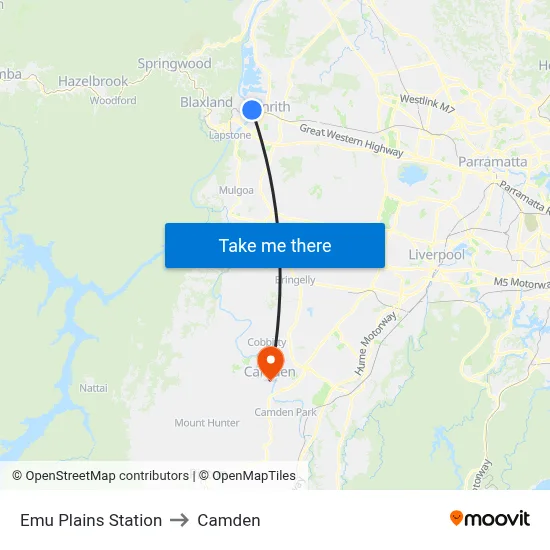 Emu Plains Station to Camden map