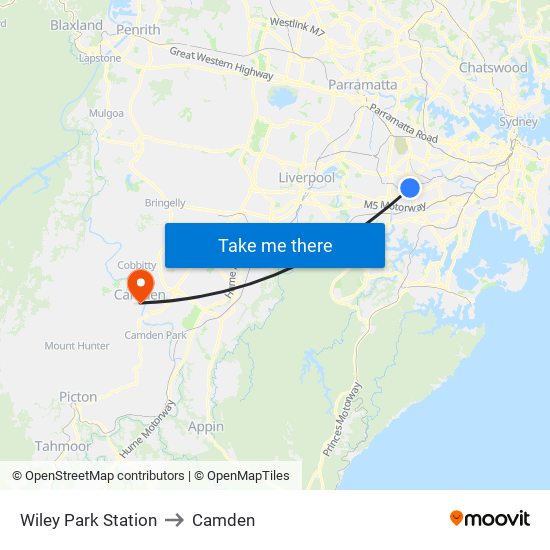 Wiley Park Station to Camden map