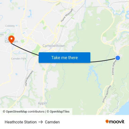 Heathcote Station to Camden map