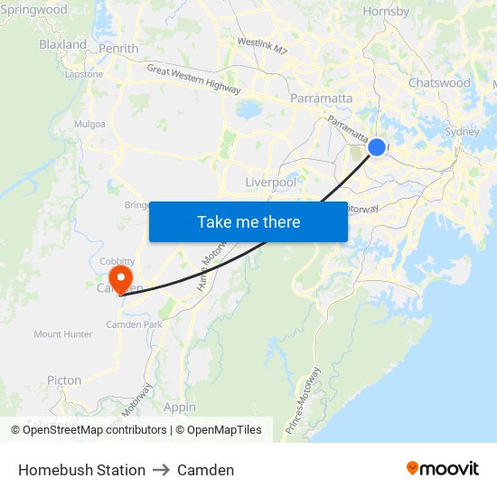 Homebush Station to Camden map