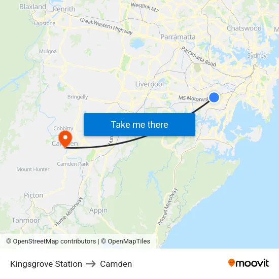 Kingsgrove Station to Camden map