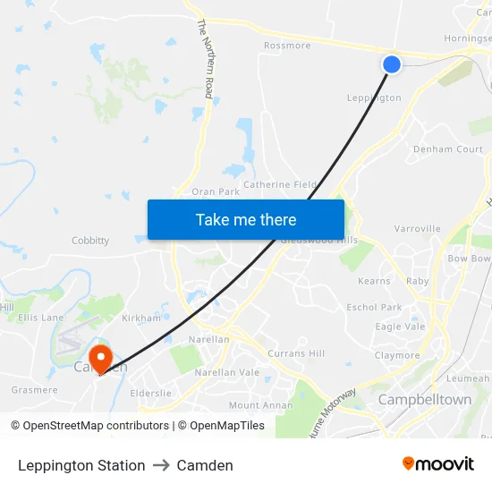 Leppington Station to Camden map
