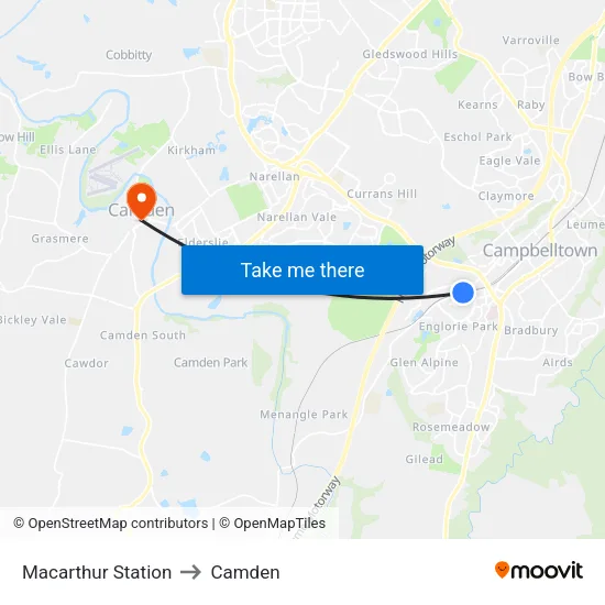 Macarthur Station to Camden map