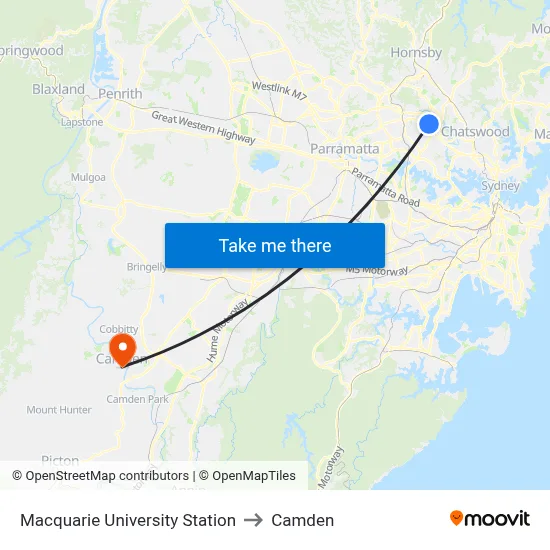 Macquarie University Station to Camden map