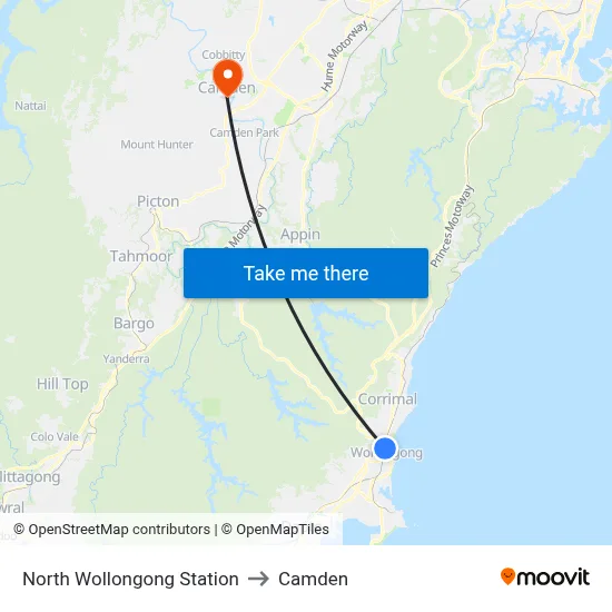 North Wollongong Station to Camden map