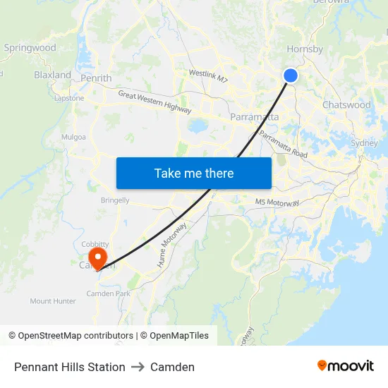 Pennant Hills Station to Camden map