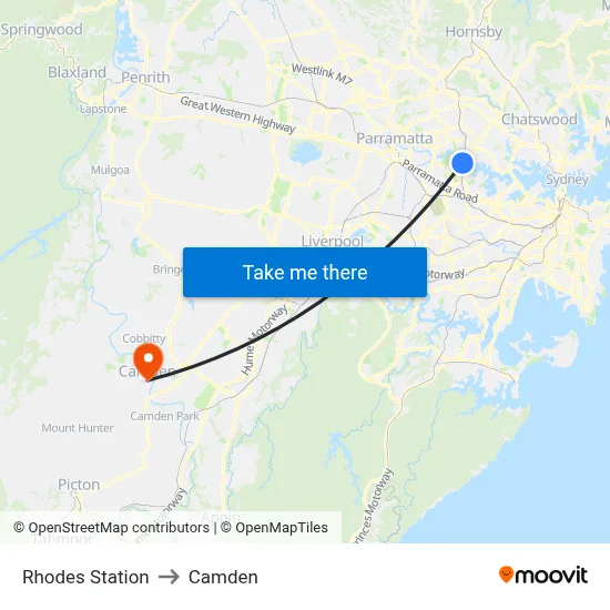 Rhodes Station to Camden map