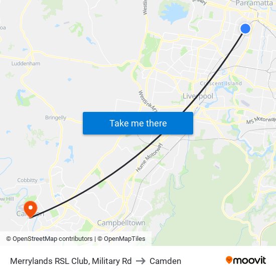 Merrylands RSL Club, Military Rd to Camden map