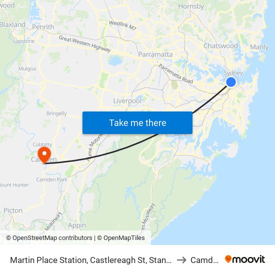 Martin Place Station, Castlereagh St, Stand H to Camden map