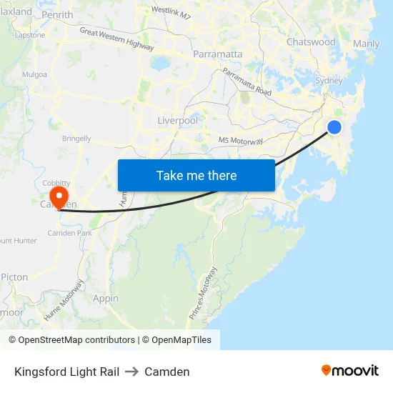 Kingsford Light Rail to Camden map
