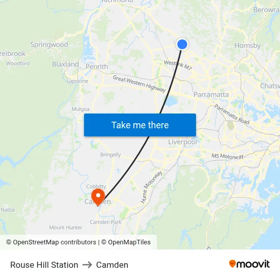 Rouse Hill Station to Camden map