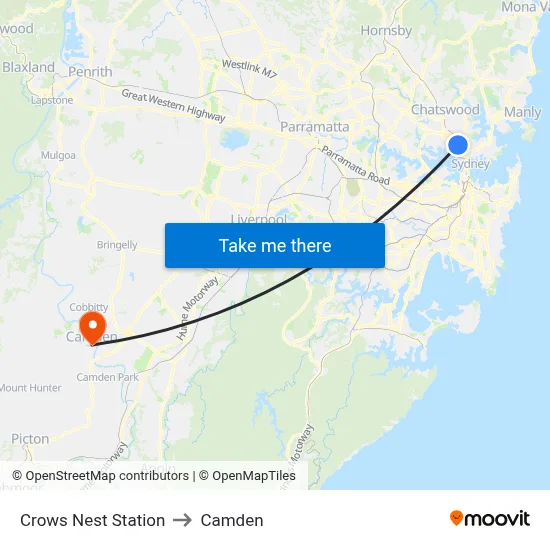 Crows Nest Station to Camden map