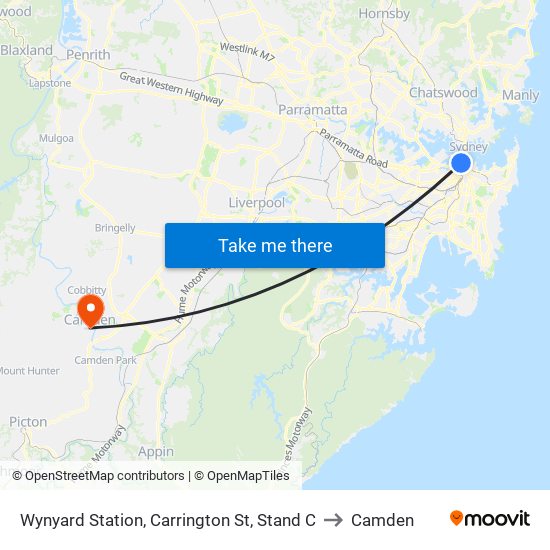 Wynyard Station, Carrington St, Stand C to Camden map