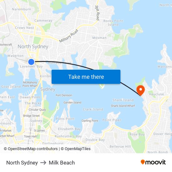 North Sydney to Milk Beach map