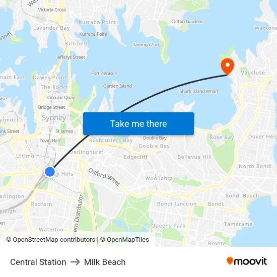 Central Station to Milk Beach map