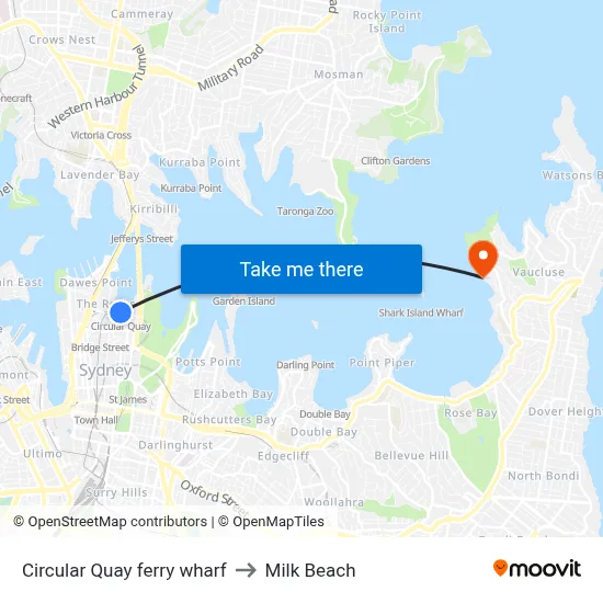 Circular Quay ferry wharf to Milk Beach map
