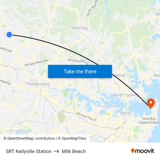 SRT Kellyville Station to Milk Beach map