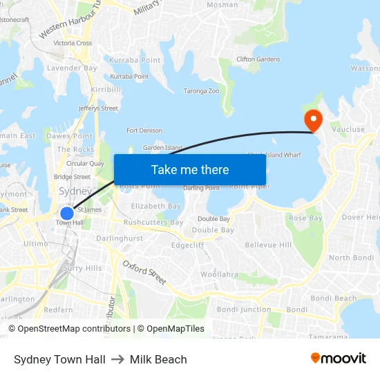 Sydney Town Hall to Milk Beach map