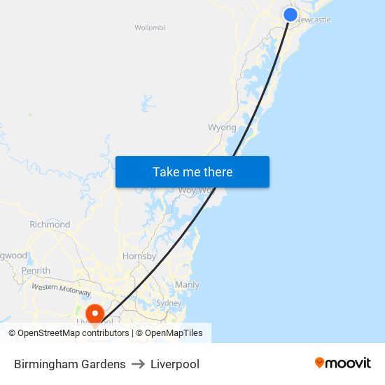 Birmingham Gardens to Liverpool map
