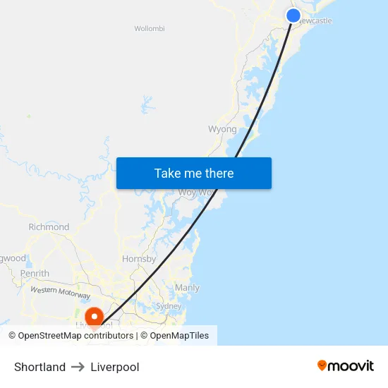 Shortland to Liverpool map