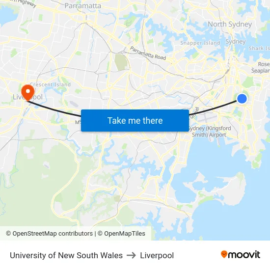 University Of New South Wales to Liverpool map