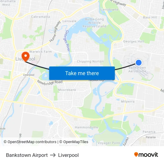 Bankstown Airport to Liverpool map