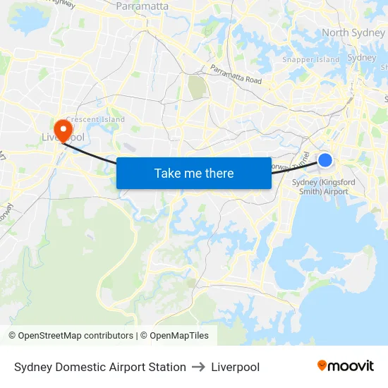 Sydney Domestic Airport Station to Liverpool map