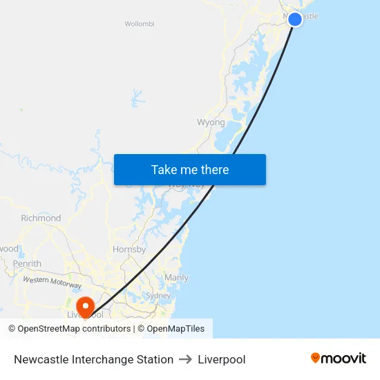 Newcastle Interchange Station to Liverpool map