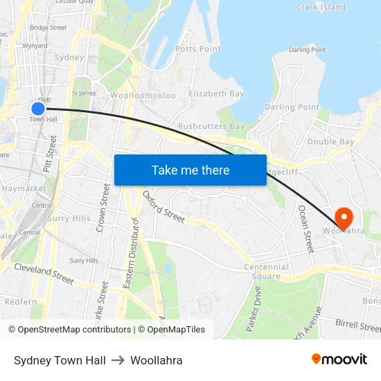 Sydney Town Hall to Woollahra map