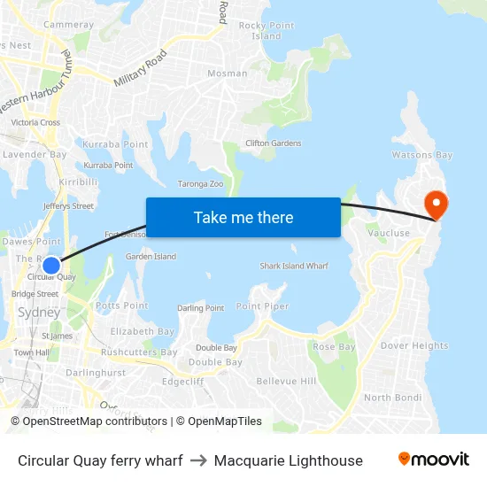 Circular Quay ferry wharf to Macquarie Lighthouse map